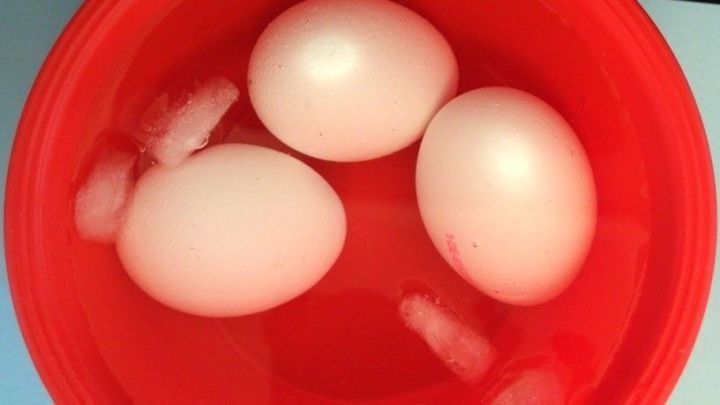 Drei Eier liegen in einem roten Beh&auml;lter mit kaltem Wasser und Eisw&uuml;rfeln, bereit zum schnellen Sch&auml;len.