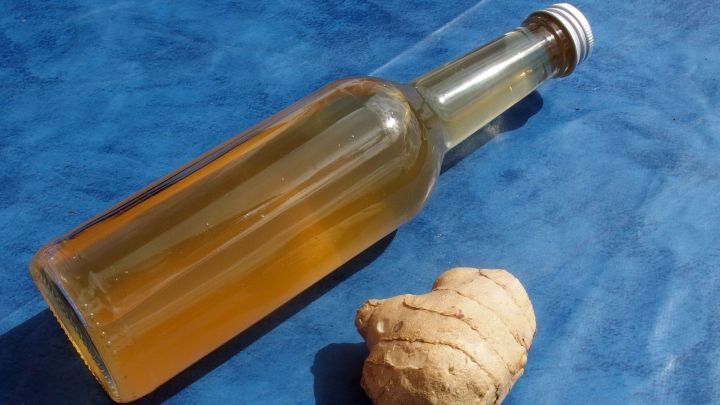 Eine Flasche mit einer w&uuml;rzigen Fl&uuml;ssigkeit steht neben frischem Ingwer auf einem blauen Untergrund, ideal gegen Reisekrankheit.