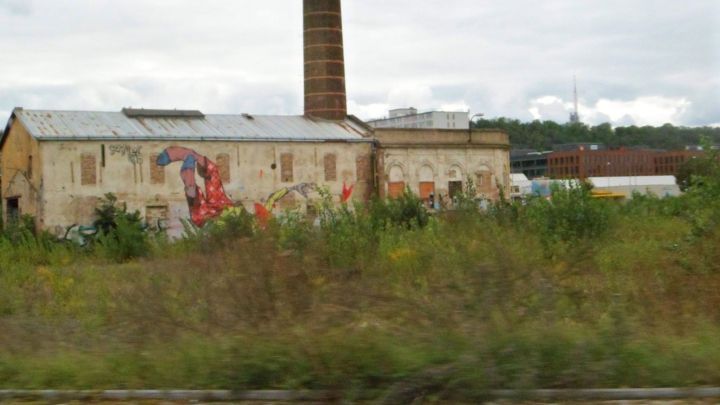 Eine verlassene Fabrik mit einem hohen Schornstein steht im hohen Gras, umgeben von grauem Himmel und st&auml;dtischer Brache.