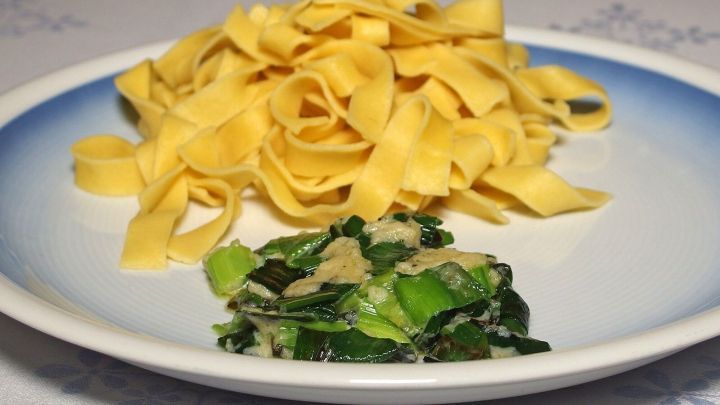 Bandnudeln liegen herzhaft auf einem Teller und werden von einer gr&uuml;nen Lauchso&szlig;e umgeben, die frisch aussieht.