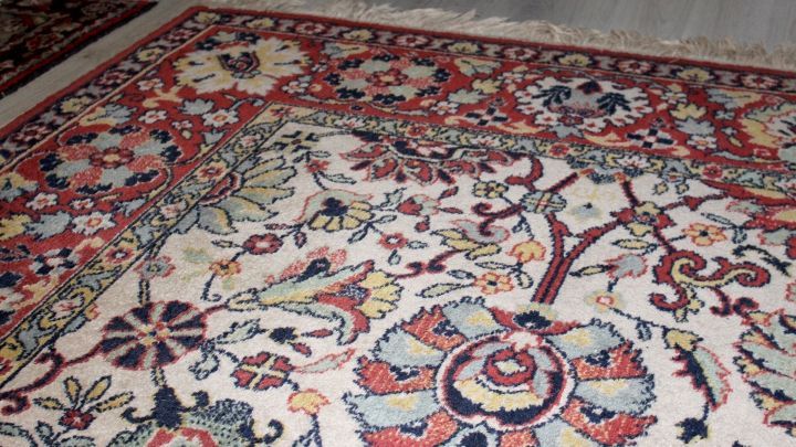 Ein Teppich ist in einem Raum ausgelegt, mit floralem Muster, und zeigt m&ouml;glicherweise Flecken, die vom Geruch von Erbrochenem stammen.