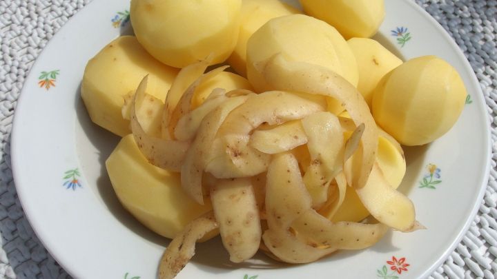 Gekochte Pellkartoffeln liegen auf einem Teller, umgeben von Kartoffelschalen, die zum einfachen Essen vorbereitet wurden.