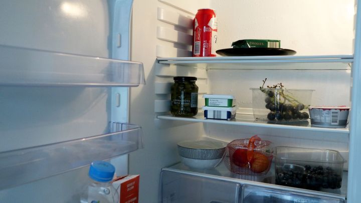 Ein K&uuml;hlschrank steht offen, gef&uuml;llt mit frischen Lebensmitteln, w&auml;hrend eine Flasche Wasser und Essig zur Reinigung neben ihm bereitstehen.