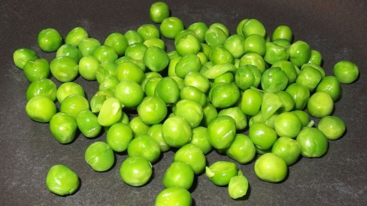 Gr&uuml;ne Erbsen liegen verstreut auf einer dunklen Oberfl&auml;che, frisch und knackig, bereit f&uuml;r die Zubereitung.