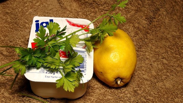 Eine frische, gr&uuml;ne Kr&auml;uterzweig liegt auf einem Becher mit einer Creme und einer gelben Zitrone auf einem rustikalen Untergrund.