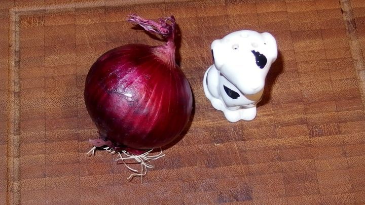 Ein roter Zwiebel liegt auf einem Holzbrett neben einer kleinen, wei&szlig;en Figur, die mit schwarzen Augen verziert ist.