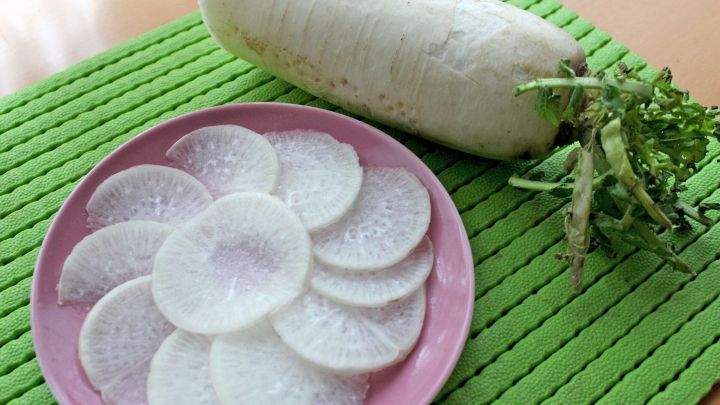 Eine gro&szlig;e Meerrettichwurzel liegt neben einem Teller mit d&uuml;nn geschnittenen Scheiben, alles auf einer gr&uuml;nen Unterlage.