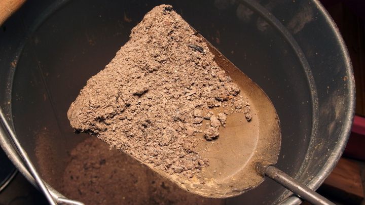 Eine Schaufel Holzasche liegt in einem Eimer. Die Asche kann gegen Schnecken im Garten verwendet werden.