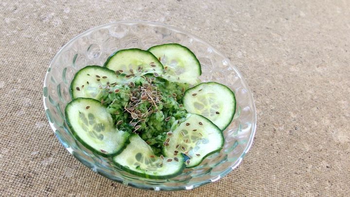 Kreisf&ouml;rmig angeordnete Gurkenscheiben mit Dillkraut-Samen in einer Sch&uuml;ssel, auf einer neutralen Oberfl&auml;che.