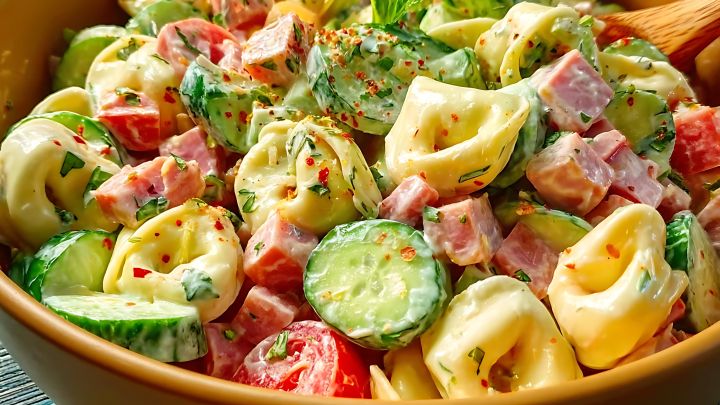 Der weltbeste Tortellinisalat: Frische Zutaten wie Gurken, Schinken und Paprika sorgen f&uuml;r ein buntes Highlight auf deinem Tisch.