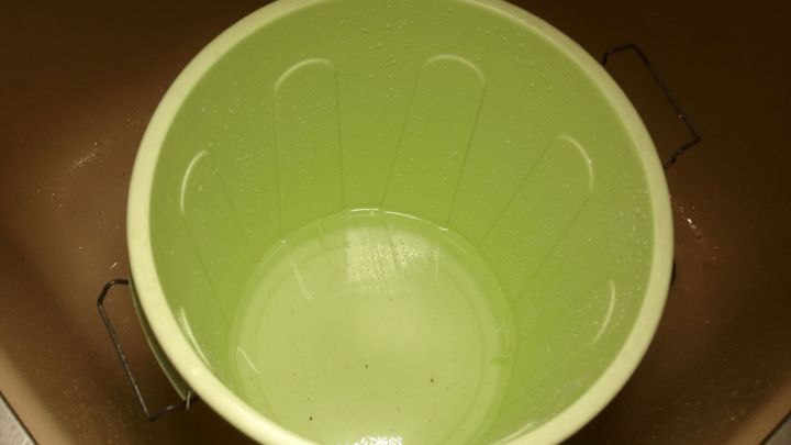 Ein gr&uuml;ner M&uuml;lleimer steht in einer Sp&uuml;le und wartet darauf, gereinigt zu werden. Er ist leer und sauber.