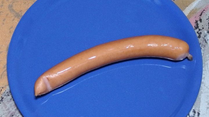 Eine Wurst liegt auf einem blauen Teller, w&auml;hrend sie warm gehalten wird, ideal f&uuml;r eine Reise.