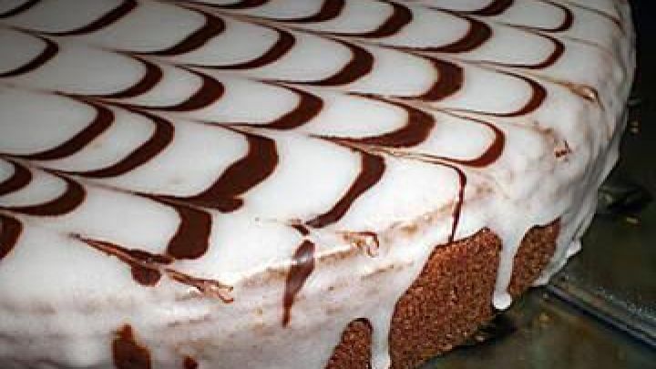 Ein Nusskuchen mit Schokoladenglasur steht auf einem Teller. Die Glasur hat ein dekoratives, verziertes Muster.