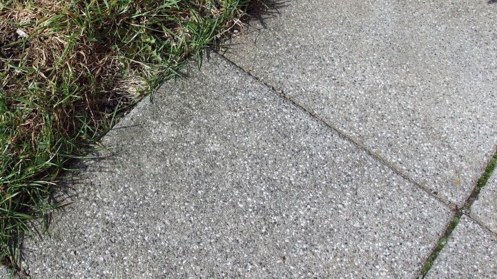 Grau geflieste Bodenplatten liegen im Freien, umgeben von Gras und zeigen die Notwendigkeit, mit Backpulver sauber gemacht zu werden.