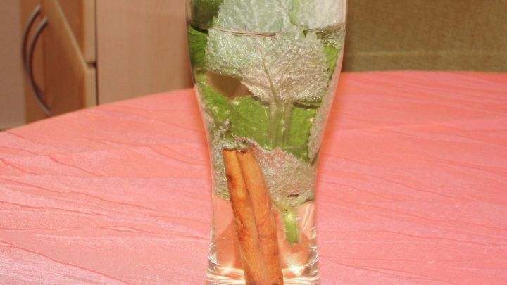 Ein Glas mit frischen Minzbl&auml;ttern und einer Zimtstange steht auf einem pinken Tisch und wirkt erfrischend.