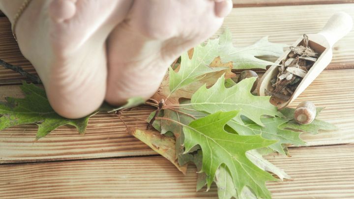 Barfu&szlig;f&uuml;&szlig;e liegen auf frischen Eichenbl&auml;ttern, w&auml;hrend ein Holzl&ouml;ffel mit Eichenrinde daneben liegt, um Schwei&szlig;f&uuml;&szlig;e zu behandeln.