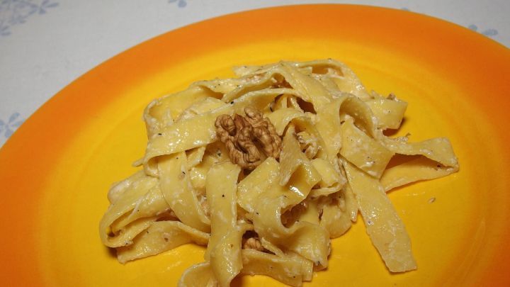 Eine Portion Rahmnudeln liegt auf einem orangenen Teller, umgeben von einer einfachen Tischdecke, garniert mit N&uuml;ssen.