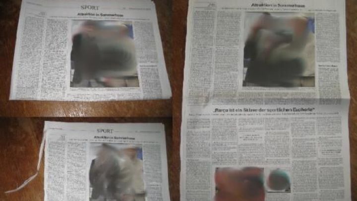 Zeitung zeigt einen Artikel mit dem Titel "SPORT Attraktion in Sommertage" und "Barca ist ein Sklave der sportlichen Buchhalter."