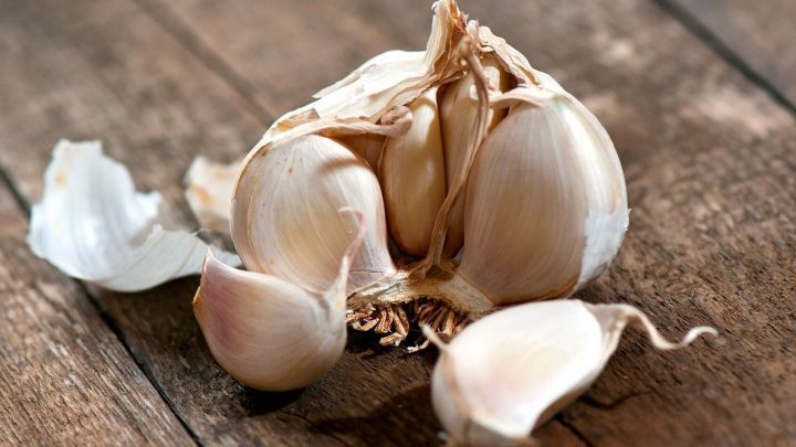 Frischer Knoblauch liegt auf einem Holzbrett, bereit zum Pflanzen im Garten. Die einzelnen Zehen sind deutlich sichtbar.