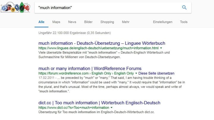 Suchanfragen zeigen Ergebnisse f&uuml;r "korrekte Schreibweise" und "S&auml;tze googlen" in einer Suchmaschine.