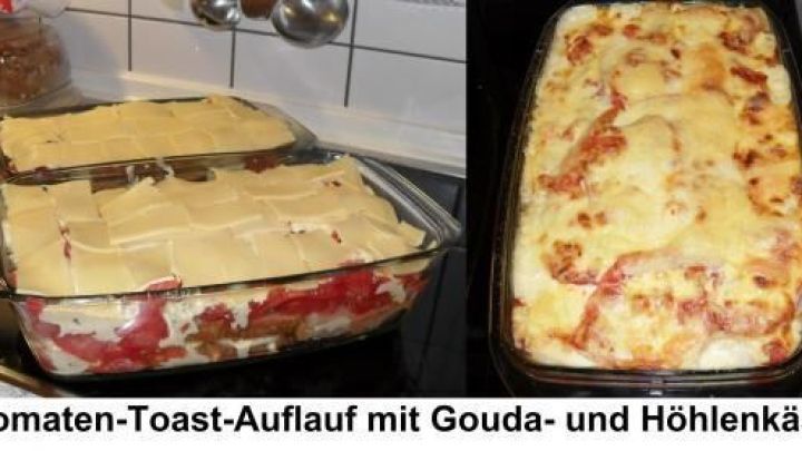 Ein k&ouml;stlicher Tomaten-Toast-Auflauf mit geschmolzenem Gouda und H&ouml;hlenk&auml;se wird in zwei Auflaufformen serviert.