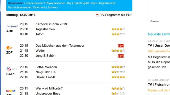 Eine &Uuml;bersicht zeigt verschiedene Fernsehsendungen und deren Zeiten. Die Programme sind f&uuml;r den 12. M&auml;rz 2018 aufgelistet.