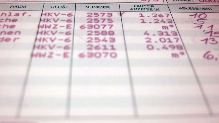 Tabelle zeigt Ger&auml;te- und Raumdaten f&uuml;r Heizkosten mit Faktoren. Spalten f&uuml;r Raum, Ger&auml;t, Nummer, Anzeige, Ablesewert.