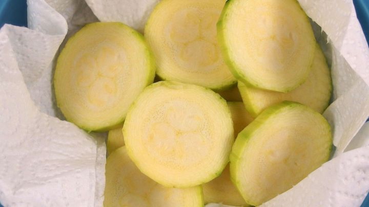 Scheiben von frischem Gem&uuml;se liegen auf K&uuml;chenpapier in einem Beh&auml;lter, bereit zur Aufbewahrung f&uuml;r eine l&auml;ngere Frische.