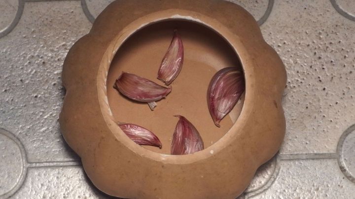 In einer runden Schale liegen mehrere Knoblauchzehen, die darauf warten, nicht zu keimen. Der Boden ist gefliest.