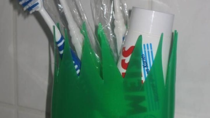 Eine gr&uuml;ne, flaschenf&ouml;rmige Halterung steht im Badezimmer und h&auml;lt Zahnb&uuml;rsten sowie eine Zahnpasta.