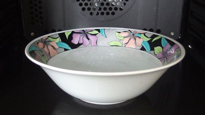 Eine Sch&uuml;ssel mit floraler Dekoration steht in einem Backofen und wartet darauf, zum sicheren Reinigen verwendet zu werden.