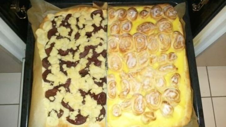 So sieht der klassische Mail&auml;nder Kuchen nach DDR-Rezept aus: frischer Hefeteig, Pudding, Streusel und Zuckerguss aus dem Ofen.