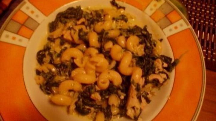 Eine bunte Tellerf&uuml;llung mit Spinat und Nudeln, die zusammen mit saftigem H&auml;hnchen auf einem orangefarbenen Teller serviert wird.