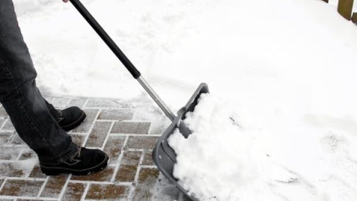 Ein Schneeschieber r&auml;umt Schnee von einem gepflasterten Gehweg vor einem Holzzaun.