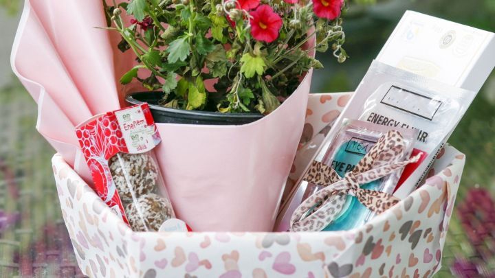 Ein dekorativer Geschenkkarton aus gebrauchtem Geschenkpapier enth&auml;lt eine Topfpflanze und kleine Geschenke in einer liebevollen Pr&auml;sentation.