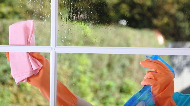 Ein Fenster wird mit einem Reinigungstuch und Spray gereinigt, w&auml;hrend im Hintergrund eine gr&uuml;ne Landschaft sichtbar ist.