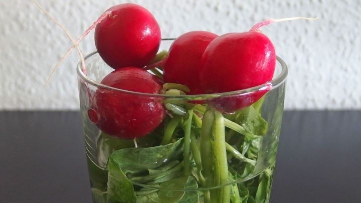 Frische Radieschen stehen in einem Glas Wasser und sind umgeben von gr&uuml;nen Bl&auml;ttern, auf einem dunklen Tisch.
