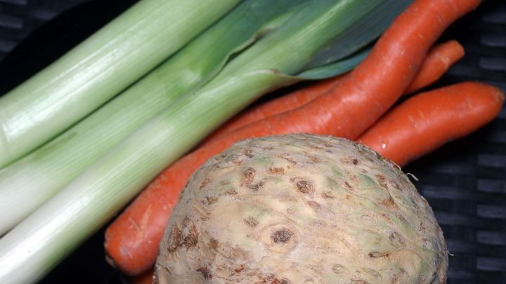 Frische Karotten und Lauch liegen neben einer Sellerieknolle auf einem schwarzen Teller, bereit zum Kochen.