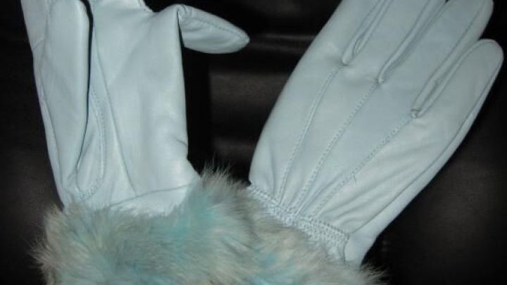 Zwei elegante, glatte Lederhandschuhe mit einem dunkelt&uuml;rkisen Pelzbesatz stehen stilvoll in einer wei&szlig;en Kanne vor schwarzem Hintergrund.