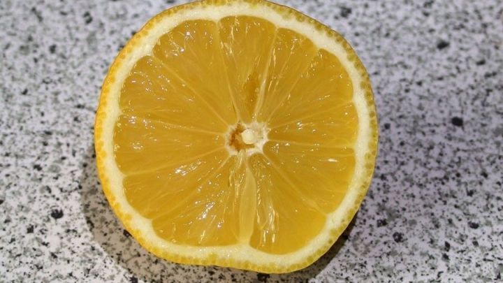 Eine halbierte Zitrone liegt auf einer grauen Arbeitsplatte, verstr&ouml;mt Frische und dient zur Zubereitung von Zitronensaft pur.