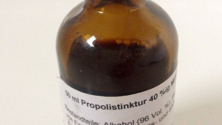 Braune Flasche mit Propolis-Tinktur steht auf einem neutralen Hintergrund; Beschriftung informiert &uuml;ber Inhaltsstoffe und Anwendungen.