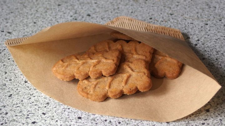 Kaffeefilter aus Papier halten Kekse und dienen als essbares Geschirr beim Picknick auf einer neutralen Oberfl&auml;che.