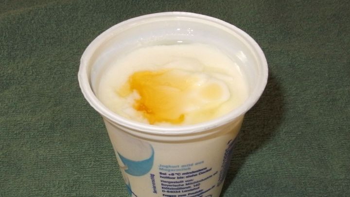 Ein Becher Naturjoghurt mit fl&uuml;ssigem Honig steht auf einem gr&uuml;nen Untergrund und wirkt frisch und appetitlich.