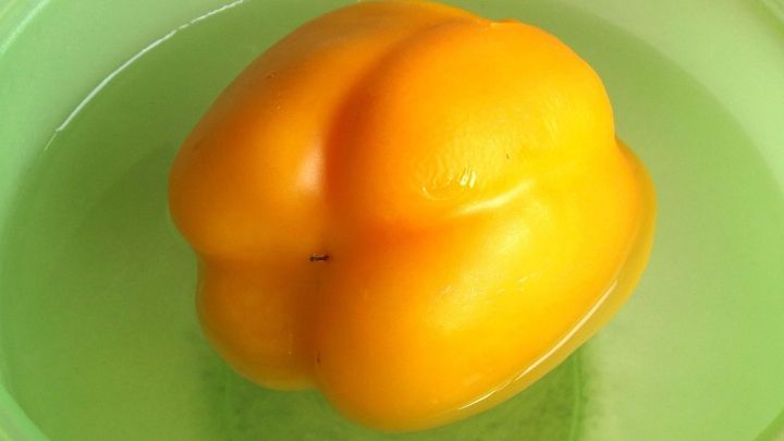 Eine gelbe Paprikaschote liegt in einer gr&uuml;nen Sch&uuml;ssel mit Wasser, bereit zum Sch&auml;len und Zubereiten.