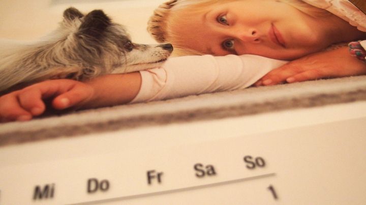 Eine Frau liegt entspannt mit ihrem Hund, w&auml;hrend ein Bildkalender daneben den Wochentag anzeigt: Mi Do Fr Sa So 1.