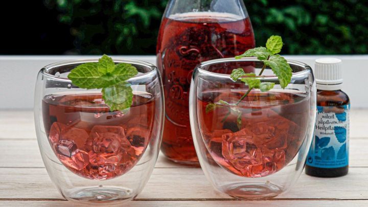 Zwei Gl&auml;ser mit fruchtigem Getr&auml;nk und Minze stehen neben einer Karaffe und einer Flasche Minz&ouml;l auf einem Holztisch.