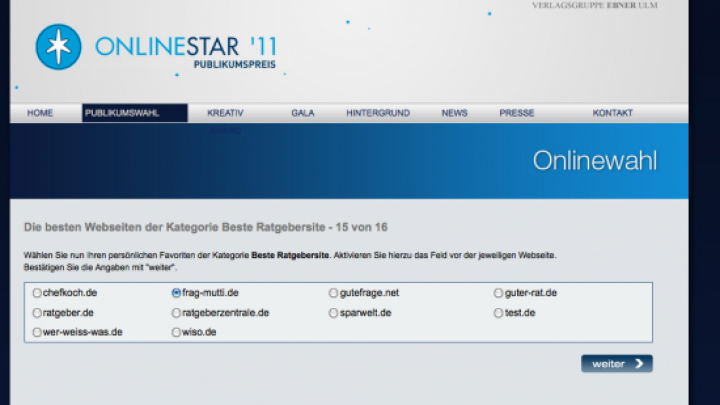 Die Webseite zeigt eine Online-Abstimmung f&uuml;r "Onlinestar 2011". Nutzer k&ouml;nnen verschiedene Webseiten in der Kategorie "Beste Ratgeberseiten" ausw&auml;hlen.