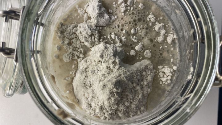 Ein Glas mit Sauerteig zeigt eine Mischung aus blubberndem Anstellgut und Mehl, bereit zum Fermentieren.