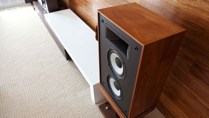 Ein hochwertiger Holzlautsprecher steht auf einem Teppich, in einem modernen Raum mit Holzw&auml;nden und M&ouml;beln.