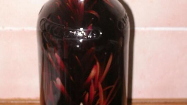 Eine elegante Glasflasche mit dunklem Rotwein-Rosmarin-Essig, die auf einem Holzregal steht, umgeben von einer hellen Wand.